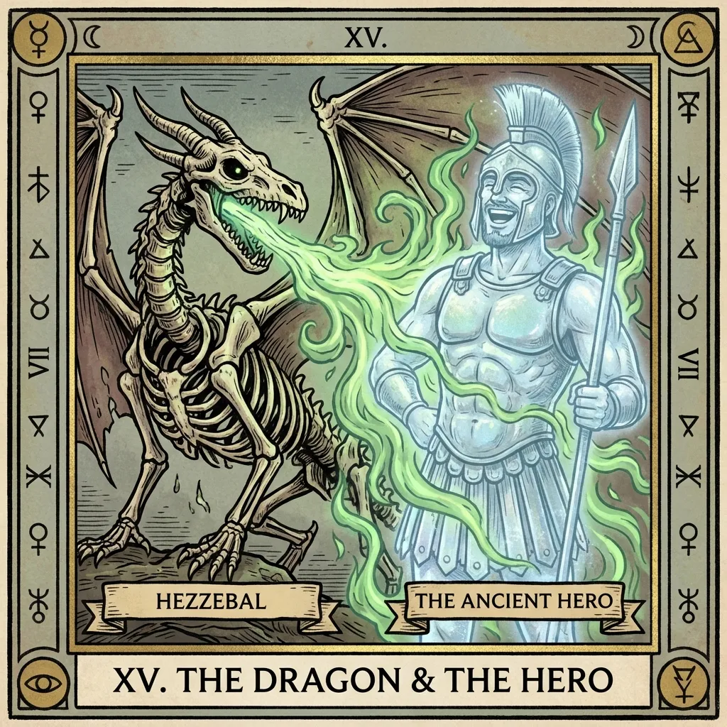 Draw the skeletal dragon Hezzebal breathing a torrent of green necrotic fire at the translucent ghost of a young adult male, athletic muscular build, heroic ancient Greek warrior, long wavy blonde hair, strong jawline, wearing an ornate golden Corinthian helmet and muscle cuirass. The fire passes harmlessly through the ghostly form. The ghost laughs. Style: Tarot Card aesthetic.