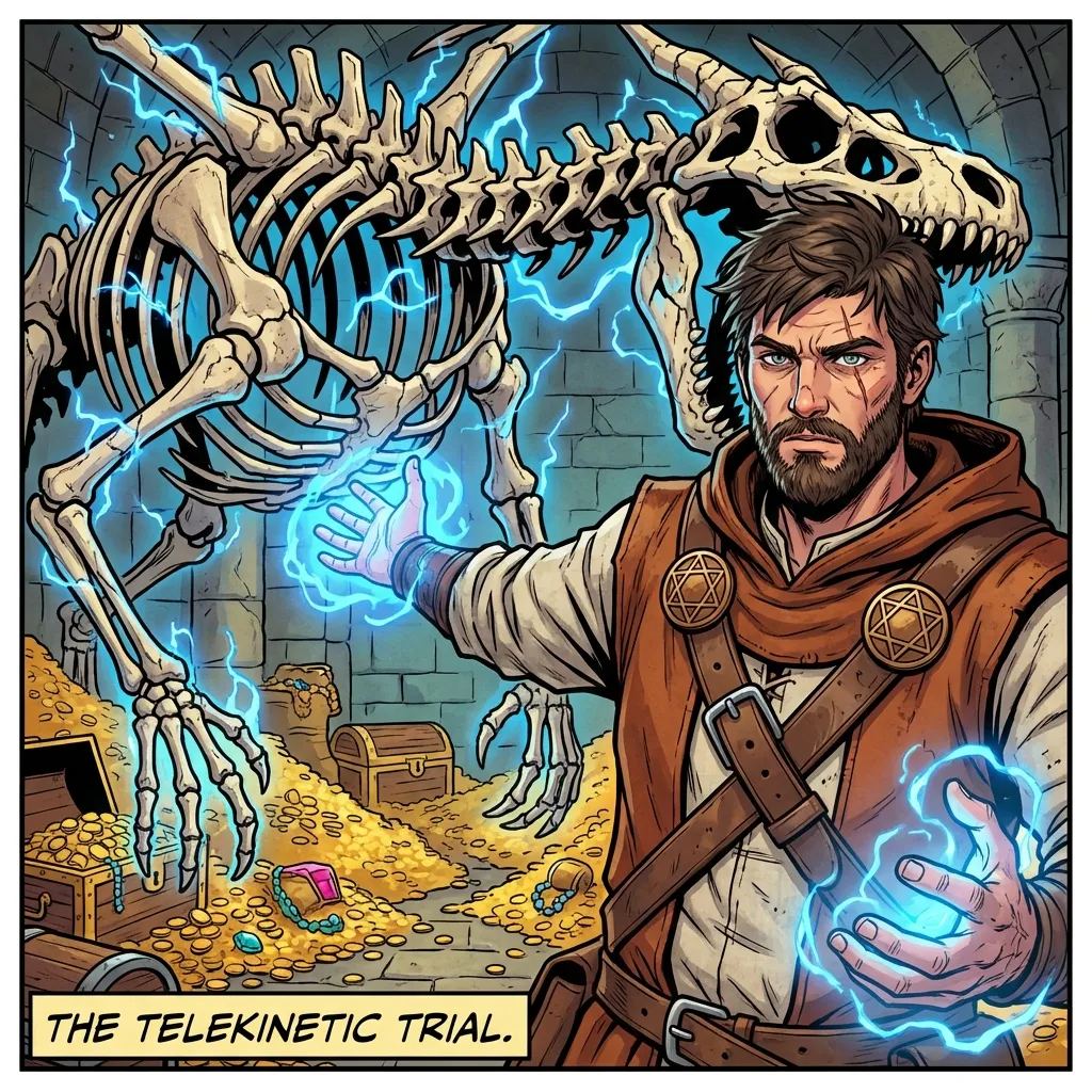 Draw young adult male human wizard with a lean, rugged build, intense blue-grey eyes, strong jawline, weathered complexion, prominent scar across his right cheek, short messy dark brown hair, full dark brown beard, wearing layered medieval clothing: a rust-brown hooded tunic over a coarse off-white linen shirt, with a thick brown leather shoulder strap and buckle, two bronze circular geometric star emblems on chest, with glowing blue magical energy surrounding his hands, lifting a massive skeletal dragon into the air with telekinesis. The skeleton is struggling. Background: Treasure vault. Style: Vibrant Comic Book Style.