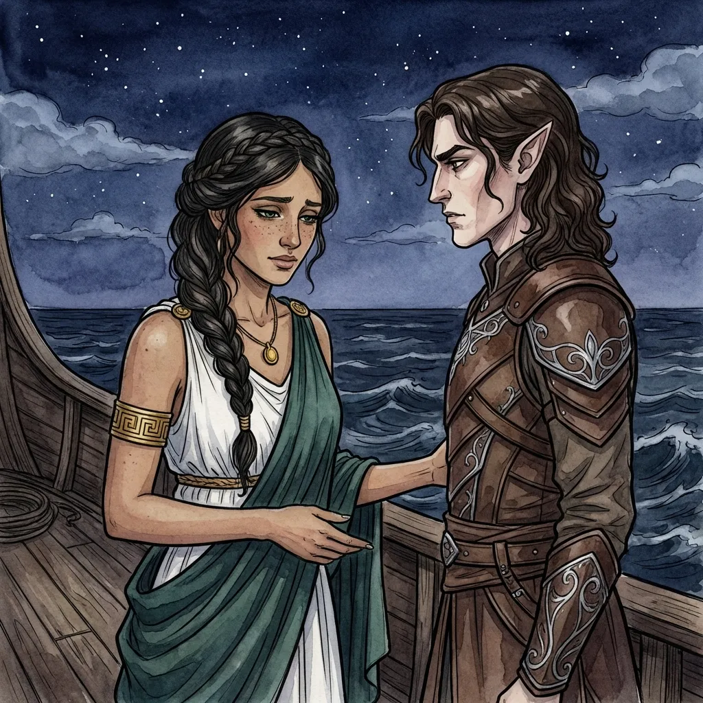 Draw young adult female, beautiful ancient Greek goddess, slender build, olive skin, long wavy black hair styled in a braid, loose curls framing her face, captivating green eyes, light freckles across her nose, gentle smile, wearing a white chiton and a dark teal-green himation, adorned with ornate gold jewelry, golden Greek key armband, gold pendant necklace, golden hair clip, dangling gold earrings standing on the wooden deck of a Greek trireme ship at night, looking sad and contemplative while talking to young adult male elf with a slender build, angular face with high cheekbones, sharp jawline, intense dark eyes, and long pointed ears, shoulder-length wavy dark brown hair, wearing layered brown leather armor with intricate silver filigree details. Background: Dark ocean waves and a starry sky. Atmosphere: Melancholic, quiet moment. Style: Watercolor and Ink.