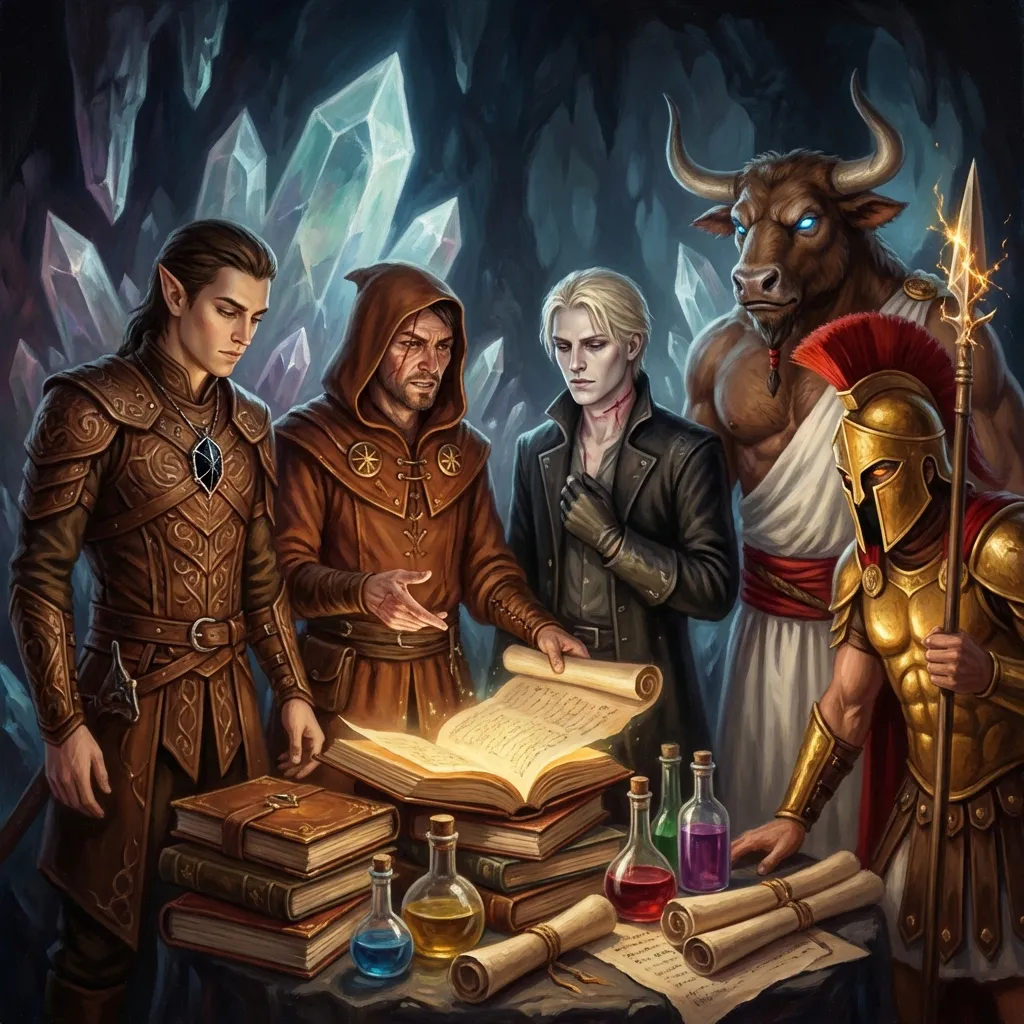 Draw a group of 5 adventurers gathering around a pile of magical items: books, potions, scrolls. First adventurer: young adult male elf with a slender build, angular face with high cheekbones, sharp jawline, intense dark eyes, and long pointed ears. Shoulder-length wavy dark brown hair. Wearing layered brown leather armor with intricate silver filigree details over a dark high-collared tunic, black fingerless leather gloves, and an ornate silver pendant with a large cracked dark gemstone. Second adventurer: young adult male human wizard with a lean rugged build, intense blue-grey eyes, strong jawline, weathered complexion, prominent scar across his right cheek. Short messy dark brown hair and full dark brown beard. Wearing a rust-brown hooded tunic over a coarse off-white linen shirt, with a thick brown leather shoulder strap and two bronze circular geometric star emblems on his chest. Third adventurer: young adult male with a dark fantasy aesthetic, slender build, pale alabaster skin, and short blonde hair styled in a messy quiff. Strong jawline, piercing cyan eyes, and a large jagged scar running along the side of his neck and jaw. Wearing a dark blue or black high-collared jacket and a single black leather glove. Fourth adventurer: powerful male minotaur with a muscular build, broad shoulders, and brown fur. Bovine head with large curved dark grey horns, piercing glowing blue eyes, and a bull snout. Stylish thick blonde hair swept back and a well-groomed blonde fur beard. Dressed in a draped white toga with an ornate red sash featuring carved patterns and a textured grey shoulder strap. Fifth adventurer: male fantasy warrior with an athletic build and elven features. Wearing highly ornate golden plate armor with intricate filigree in a Greco-Roman spartan style. Head covered by a full golden Corinthian helmet with a large yellow and black plume, from which glowing orange eyes peer out. Wearing a dark blue cloth hood and cape, and holding an ornate spear that sparks with lightning. Location: In a crystal cave. Style: Dark Fantasy Oil Painting.