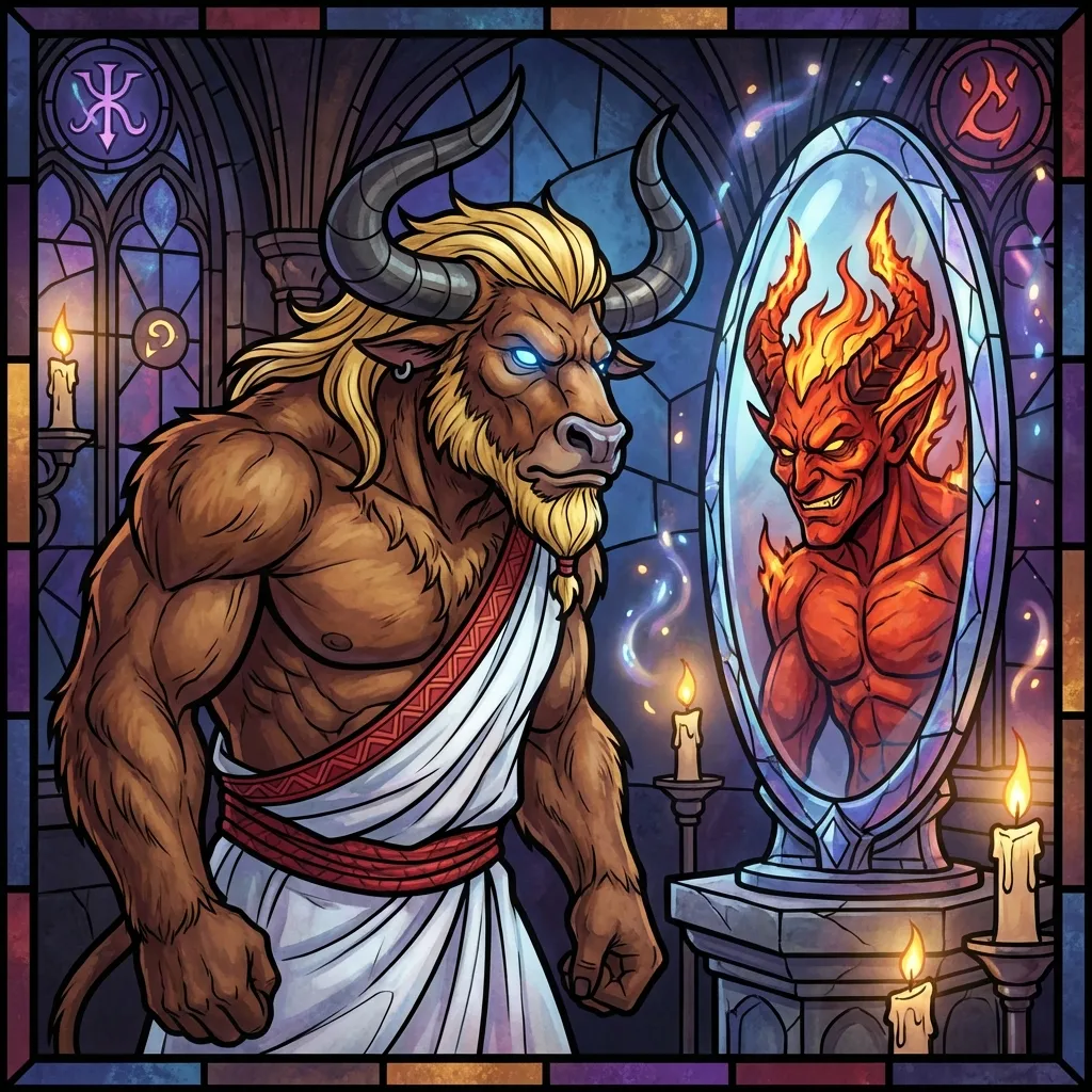 Draw powerful male minotaur with a muscular build, broad shoulders, and brown fur, bovine head with large curved dark grey horns, piercing glowing blue eyes, and a bull snout, stylish thick blonde hair swept back, well-groomed blonde fur beard, dressed in a draped white toga with an ornate red sash featuring carved patterns staring into a large crystal mirror. The reflection shows him as a red-skinned devil with flaming horns. Atmosphere: Psychological horror, magical. Style: Stained Glass illustration.