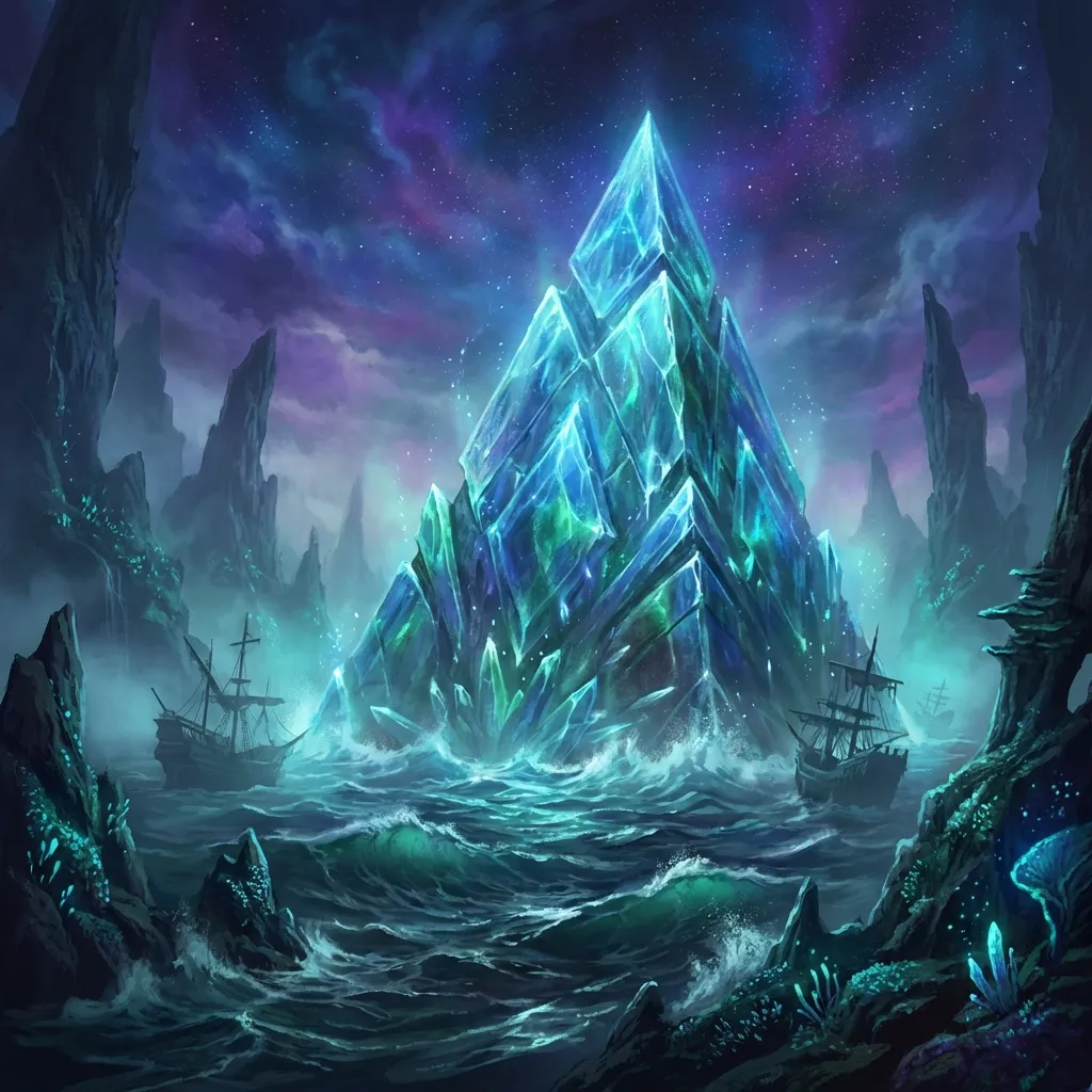 Draw a crystalline pyramid structure partially submerged in dark ocean water, glowing faintly. Atmosphere: Mysterious, fantasy landscape. Style: High quality digital fantasy art.