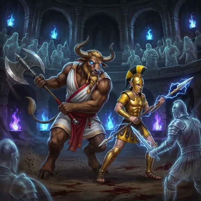 An epic gladiatorial combat scene in an underworld arena. A powerful male minotaur with brown fur, large curved horns, glowing blue eyes, blonde stylized hair and beard, wearing a white toga with red sash, swings a massive greataxe. Beside him, a half-elf warrior in ornate golden Corinthian armor with yellow-black plume, wields a lightning-sparking spear. They face spectral enemies in the blood-soaked sand. Ghostly crowd cheers. High quality digital fantasy art with dynamic action poses.
