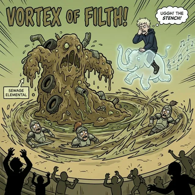 A disgusting sewage elemental made of brown sludge, floating debris, and foul liquid, rising from the arena floor. It creates a massive vortex of filth that spreads across the sand, trapping warriors. A flying young man with pale skin and short messy blonde hair, wearing a dark blue jacket, rides a spectral war horn instrument shaped like a elephant in the air above, avoiding the stench. Comic book style with exaggerated expressions and motion lines, sickly green-brown palette.