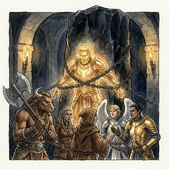 A magnificent golden humanoid figure with a body made of pure gold, chained to a massive obsidian pillar. His skin radiates warm light despite being bound in thick iron chains. Around him, five heroic adventurers (a minotaur barbarian, an elf in leather armor, a wizard in brown robes, an aasimar paladin, and a half-elf in golden armor) have a tense conversation. Dark stone surroundings, dramatic contrast between golden light and darkness. Watercolor and Ink style with metallic gold accents.