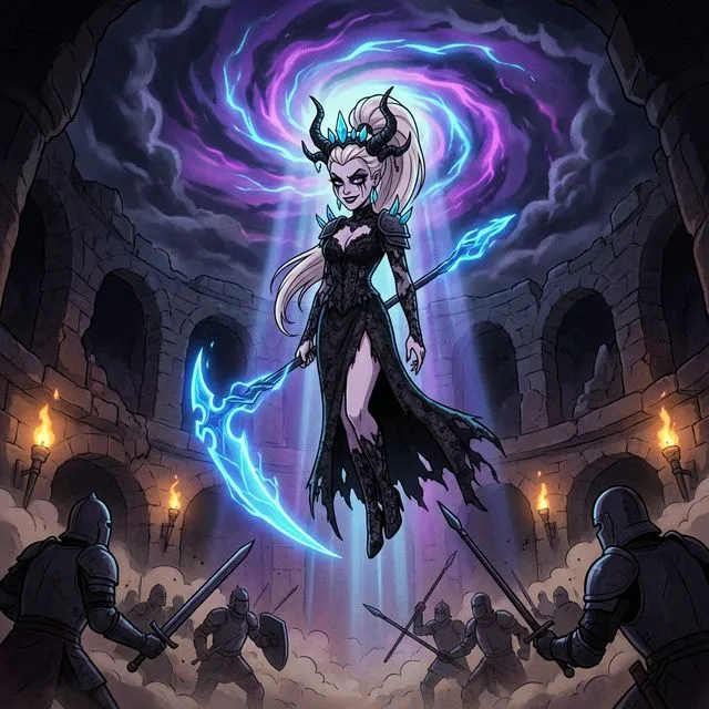 A dramatic moment in a dark arena. The sky rips open revealing swirling purple and blue energy. A beautiful young woman with pale skin, long platinum blonde hair, smirking expression, black lipstick, heavy black eye makeup with dripping tear streaks, gothic black lace dress with revealing cut, a crown of black horns and glowing blue crystals, holding a scythe with glowing blue blade, descends from the rift. She watches warriors battle below with cruel amusement. 80s Dark Fantasy Anime style with dramatic backlighting.