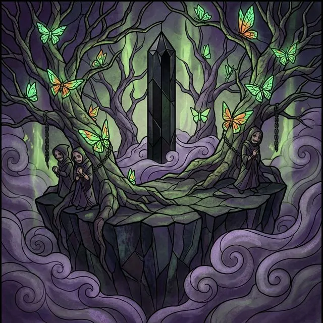 A rocky, desolate island emerging from a dark purple sea of mist at twilight. Petrified, twisted stone trees cover the island, prisoners chained to their trunks with mouths sewn shut. Glowing moth-like creatures swarm around them, biting and tormenting. A tall obsidian pillar rises in the center. Heavy fog, oppressive atmosphere, eerie bioluminescent lighting. Stained Glass illustration style with deep purples and sickly greens.